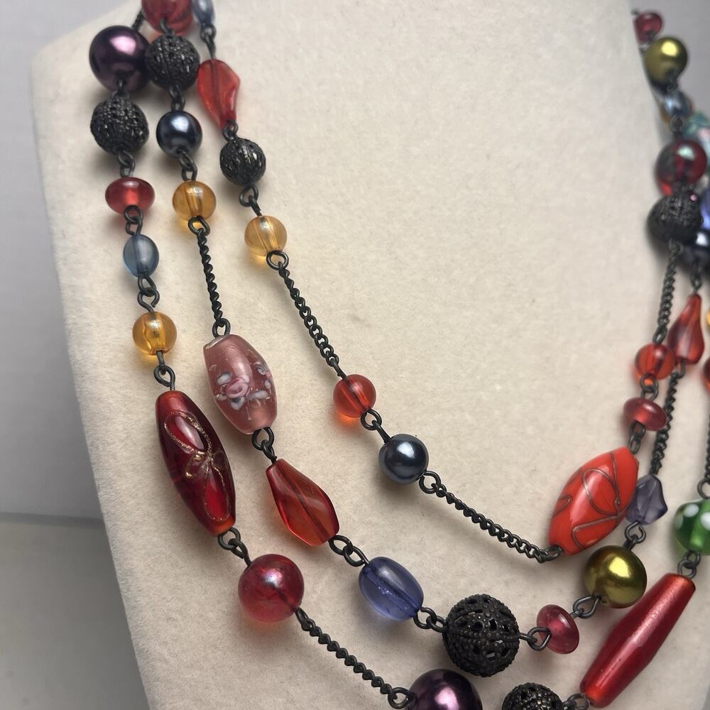 Avon Multicolored Layered Beaded Necklace Colorful Floral Adjustable 17-21" Boho